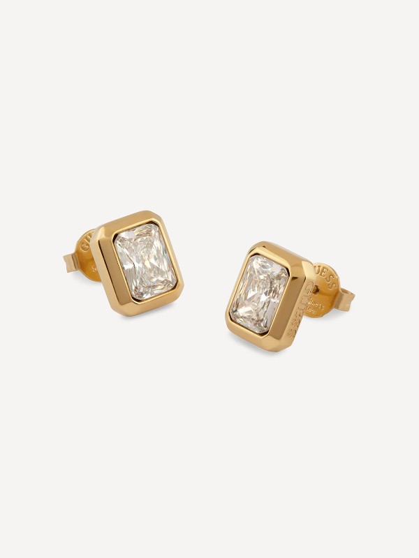 4G LIGHT Guess ženske minđuše od nerđajućeg čelika u boji žutog zlata sa elegantnim cirkonom u obliku oktagona. Veličina 12 mm.