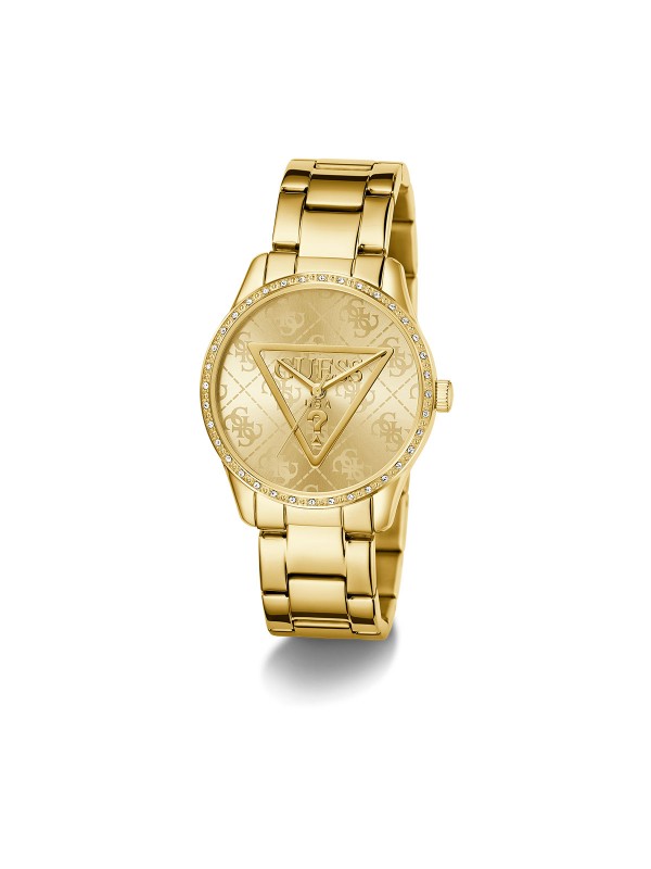 GUESS ROXY ženski sat u boji žutog zlata sa brojčanikom koji krasi Guess trougao logo i 4G print u pozadini, ukrašen cirkonima. Kućište 36 mm, vodootpornost 30 m, moderan logo trend dizajn.