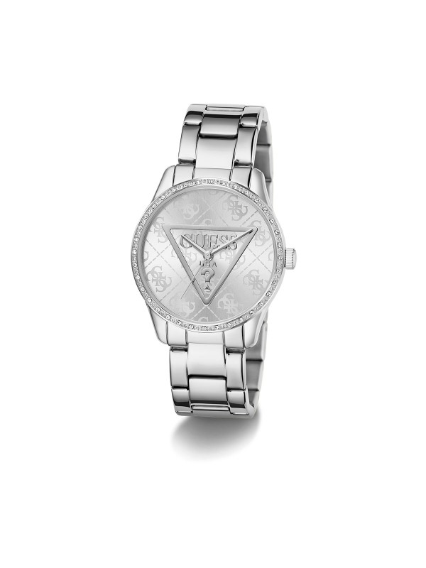 GUESS ROXY ženski sat u boji srebra sa brojčanikom koji krasi Guess trougao logo i 4G print u pozadini, ukrašen cirkonima. Kućište 36 mm, vodootpornost 30 m, moderan logo trend dizajn.
