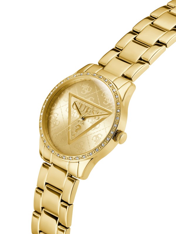 GUESS ROXY ženski sat u boji žutog zlata sa brojčanikom koji krasi Guess trougao logo i 4G print u pozadini, ukrašen cirkonima. Kućište 36 mm, vodootpornost 30 m, moderan logo trend dizajn.