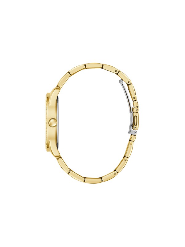 GUESS ROXY ženski sat u boji žutog zlata sa brojčanikom koji krasi Guess trougao logo i 4G print u pozadini, ukrašen cirkonima. Kućište 36 mm, vodootpornost 30 m, moderan logo trend dizajn.