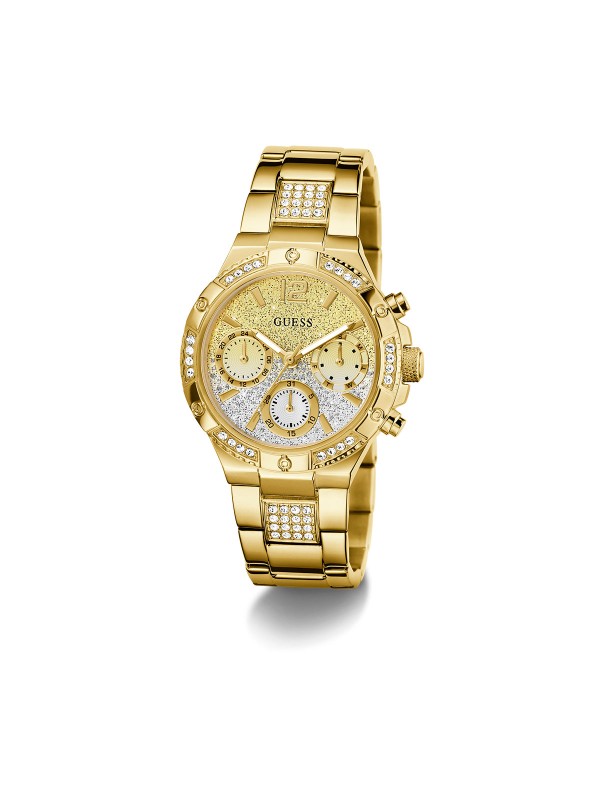 GUESS HARLOW ženski multi-function sat u boji žutog zlata sa sjajnim ombre brojčanikom ukrašenim cirkonima u zlatnim i srebrnim tonovima. Kućište 38 mm sa cirkonima na koroni, vodootpornost 50 m.