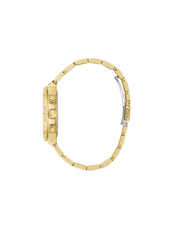 GUESS HARLOW ženski multi-function sat u boji žutog zlata sa sjajnim ombre brojčanikom ukrašenim cirkonima u zlatnim i srebrnim tonovima. Kućište 38 mm sa cirkonima na koroni, vodootpornost 50 m.