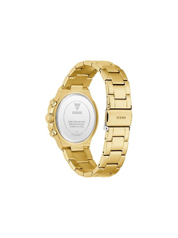 GUESS HARLOW ženski multi-function sat u boji žutog zlata sa sjajnim ombre brojčanikom ukrašenim cirkonima u zlatnim i srebrnim tonovima. Kućište 38 mm sa cirkonima na koroni, vodootpornost 50 m.