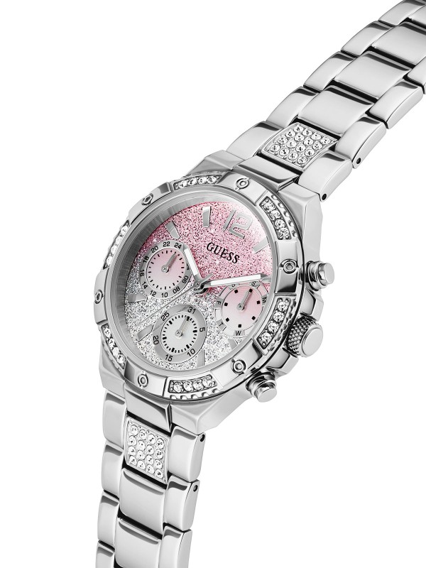 GUESS HARLOW ženski multi-function sat u boji srebra sa sjajnim ombre brojčanikom ukrašenim cirkonima od roze do bele nijanse. Kućište 38 mm sa cirkonima na koroni, vodootpornost 50 m.