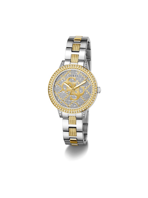 GUESS G LACE ženski trend sat u kombinaciji srebra i žutog zlata sa sjajnim 4G logom na brojčaniku i cirkonima na koroni, narukvici i brojčaniku. Kućište 34 mm, vodootpornost 30 m, elegantan ženstveni stil.
