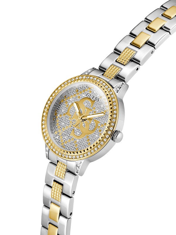 GUESS G LACE ženski trend sat u kombinaciji srebra i žutog zlata sa sjajnim 4G logom na brojčaniku i cirkonima na koroni, narukvici i brojčaniku. Kućište 34 mm, vodootpornost 30 m, elegantan ženstveni stil.