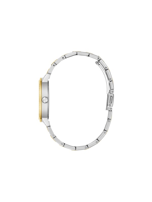 GUESS G LACE ženski trend sat u kombinaciji srebra i žutog zlata sa sjajnim 4G logom na brojčaniku i cirkonima na koroni, narukvici i brojčaniku. Kućište 34 mm, vodootpornost 30 m, elegantan ženstveni stil.
