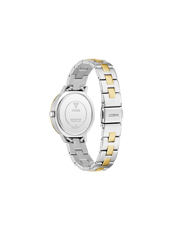GUESS G LACE ženski trend sat u kombinaciji srebra i žutog zlata sa sjajnim 4G logom na brojčaniku i cirkonima na koroni, narukvici i brojčaniku. Kućište 34 mm, vodootpornost 30 m, elegantan ženstveni stil.