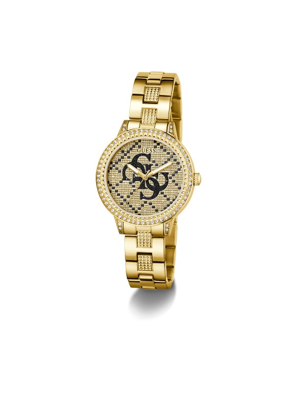 GUESS G LACE ženski trend sat u boji žutog zlata sa sjajnim 4G logom na brojčaniku i cirkonima na koroni, narukvici i brojčaniku. Kućište 34 mm, vodootpornost 30 m, ženstven i elegantan dizajn.
