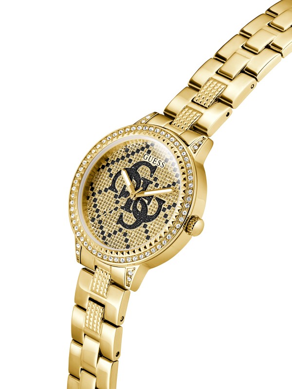 GUESS G LACE ženski trend sat u boji žutog zlata sa sjajnim 4G logom na brojčaniku i cirkonima na koroni, narukvici i brojčaniku. Kućište 34 mm, vodootpornost 30 m, ženstven i elegantan dizajn.