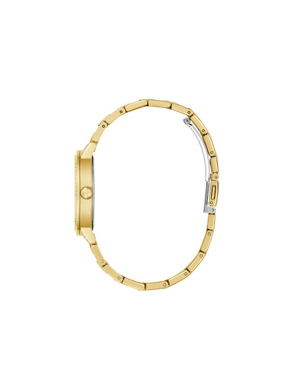 GUESS G LACE ženski trend sat u boji žutog zlata sa sjajnim 4G logom na brojčaniku i cirkonima na koroni, narukvici i brojčaniku. Kućište 34 mm, vodootpornost 30 m, ženstven i elegantan dizajn.