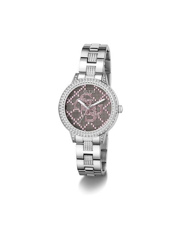 GUESS G LACE ženski trend sat u boji srebra sa sjajnim 4G logom na brojčaniku i cirkonima na koroni i narukvici. Kućište 34 mm, vodootpornost 30 m, elegantan i ženstven dizajn.