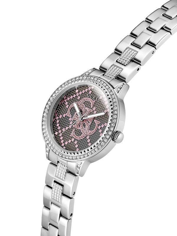 GUESS G LACE ženski trend sat u boji srebra sa sjajnim 4G logom na brojčaniku i cirkonima na koroni i narukvici. Kućište 34 mm, vodootpornost 30 m, elegantan i ženstven dizajn.
