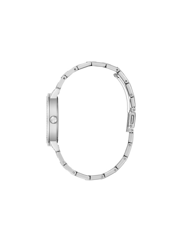 GUESS G LACE ženski trend sat u boji srebra sa sjajnim 4G logom na brojčaniku i cirkonima na koroni i narukvici. Kućište 34 mm, vodootpornost 30 m, elegantan i ženstven dizajn.