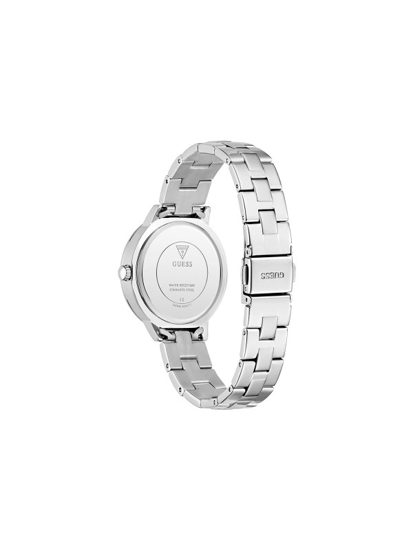 GUESS G LACE ženski trend sat u boji srebra sa sjajnim 4G logom na brojčaniku i cirkonima na koroni i narukvici. Kućište 34 mm, vodootpornost 30 m, elegantan i ženstven dizajn.