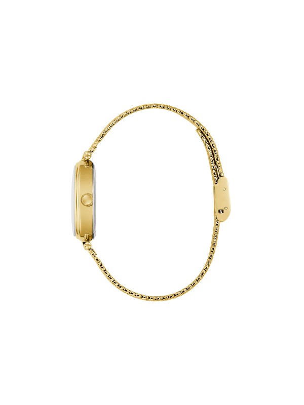 GUESS RUBY ženski elegantni sat ovalnog oblika u boji žutog zlata sa zelenim sunray brojčanikom i lab-dijamantom na poziciji 12h. Kućište 24 mm, mesh narukvica u boji žutog zlata, vodootpornost 30 m.