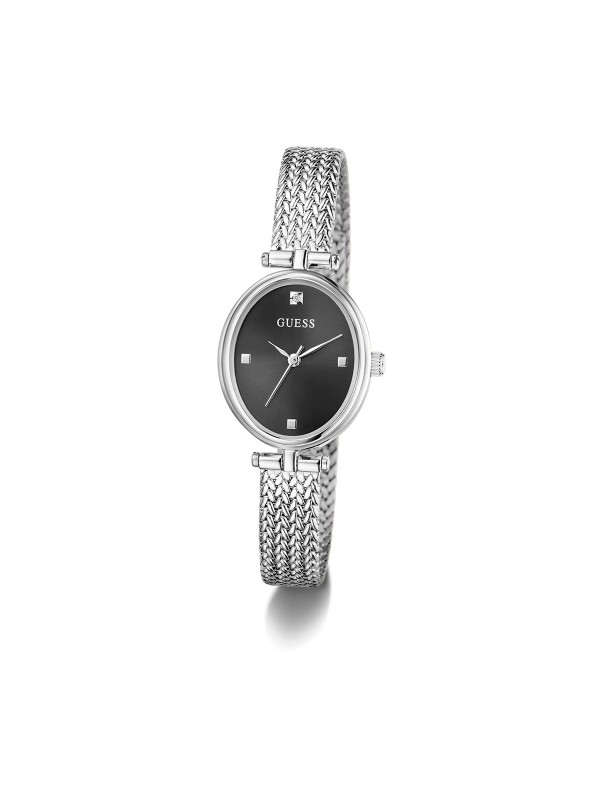 GUESS RUBY ženski elegantni sat ovalnog oblika u boji srebra sa crnim sunray brojčanikom i lab-dijamantom na poziciji 12h. Kućište 24 mm, mesh narukvica u boji srebra, vodootpornost 30 m.