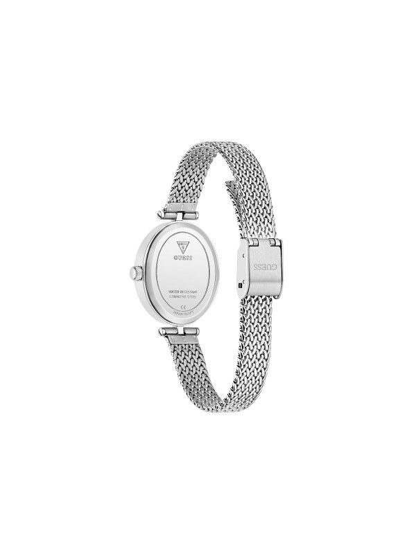 GUESS RUBY ženski elegantni sat ovalnog oblika u boji srebra sa crnim sunray brojčanikom i lab-dijamantom na poziciji 12h. Kućište 24 mm, mesh narukvica u boji srebra, vodootpornost 30 m.
