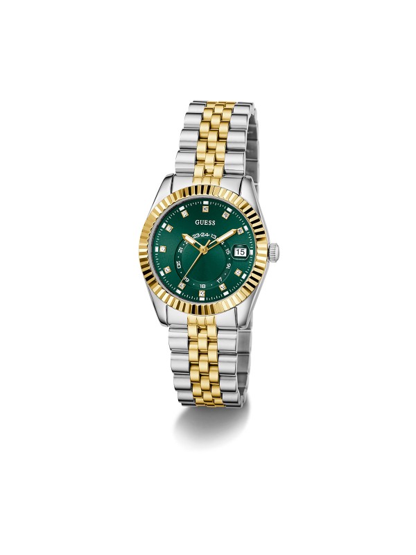 GUESS JADA ženski multi-function sat u kombinaciji srebra i žutog zlata sa zelenim sunray brojčanikom, cirkonima na indeksima i displejem za datum. Kućište 34 mm sa izrezbarenom koronom, jubilee narukvica, vodootpornost 30 m.