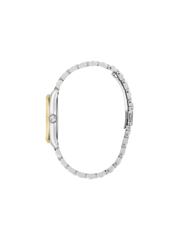GUESS JADA ženski multi-function sat u kombinaciji srebra i žutog zlata sa zelenim sunray brojčanikom, cirkonima na indeksima i displejem za datum. Kućište 34 mm sa izrezbarenom koronom, jubilee narukvica, vodootpornost 30 m.