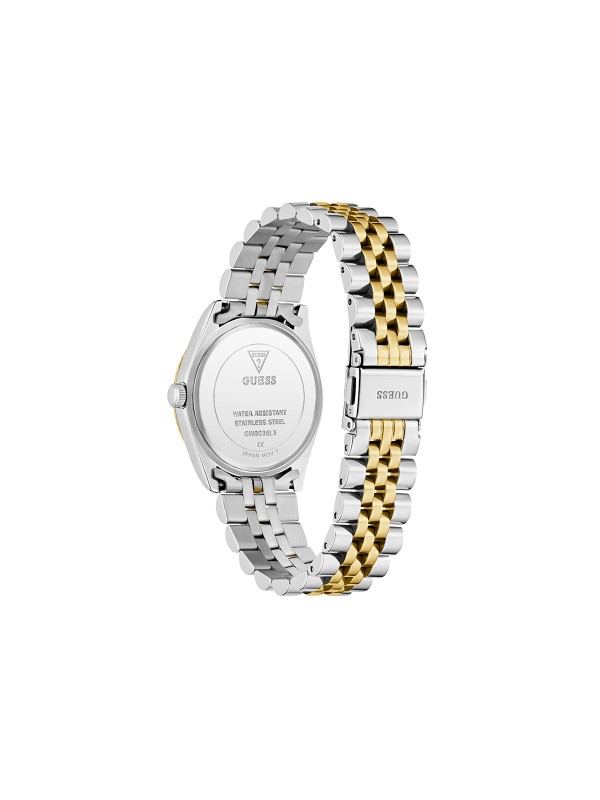 GUESS JADA ženski multi-function sat u kombinaciji srebra i žutog zlata sa zelenim sunray brojčanikom, cirkonima na indeksima i displejem za datum. Kućište 34 mm sa izrezbarenom koronom, jubilee narukvica, vodootpornost 30 m.