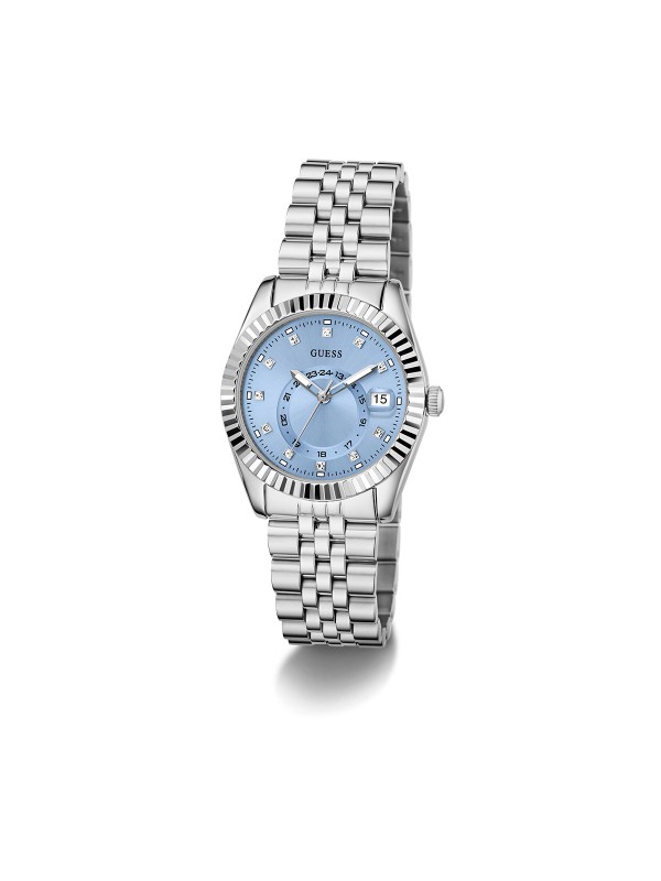 GUESS JADA ženski multi-function sat u boji srebra sa svetloplavim sunray brojčanikom, cirkonima na indeksima i displejem za datum. Kućište 34 mm sa izrezbarenom koronom, jubilee narukvica, vodootpornost 30 m.
