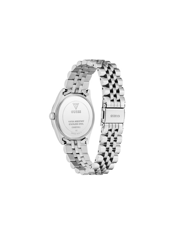 GUESS JADA ženski multi-function sat u boji srebra sa svetloplavim sunray brojčanikom, cirkonima na indeksima i displejem za datum. Kućište 34 mm sa izrezbarenom koronom, jubilee narukvica, vodootpornost 30 m.