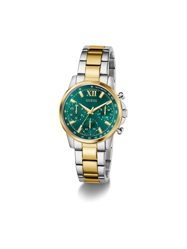 GUESS BAILEY ženski multi-function sat u kombinaciji srebra i žutog zlata sa zelenim sunray brojčanikom. Kućište 36 mm, narukvica sa tri linka u dve boje, vodootpornost 30 m.