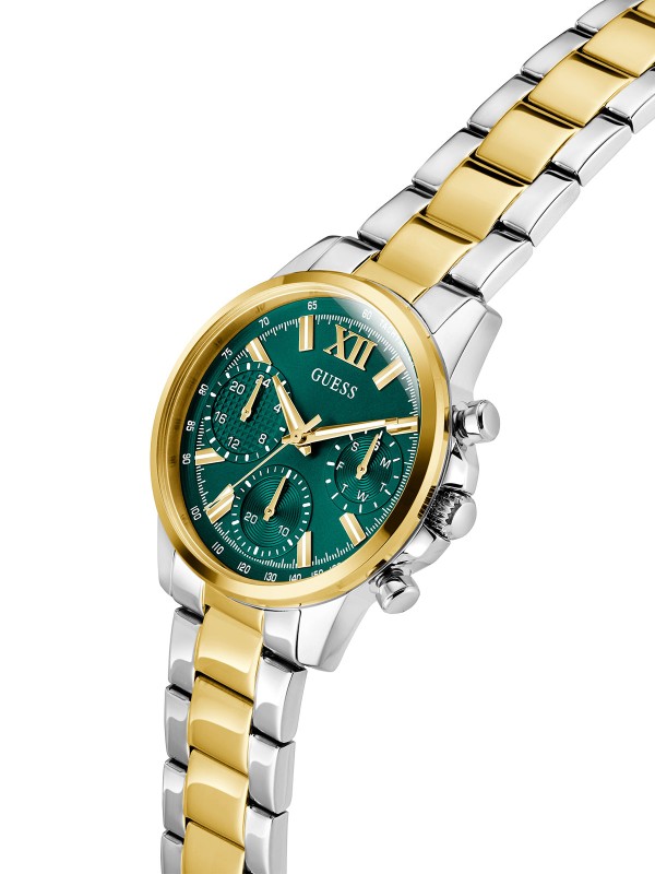 GUESS BAILEY ženski multi-function sat u kombinaciji srebra i žutog zlata sa zelenim sunray brojčanikom. Kućište 36 mm, narukvica sa tri linka u dve boje, vodootpornost 30 m.