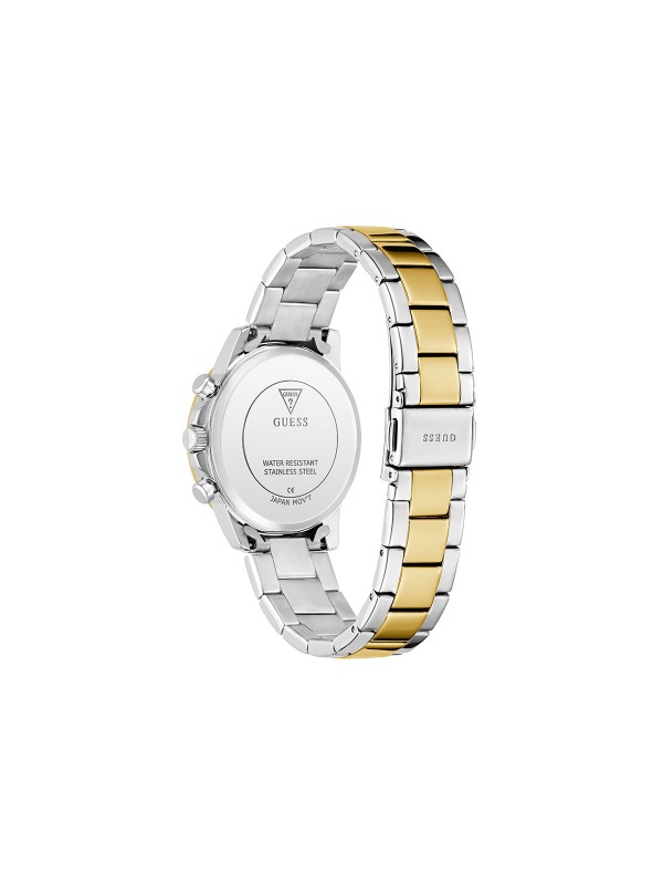 GUESS BAILEY ženski multi-function sat u kombinaciji srebra i žutog zlata sa zelenim sunray brojčanikom. Kućište 36 mm, narukvica sa tri linka u dve boje, vodootpornost 30 m.