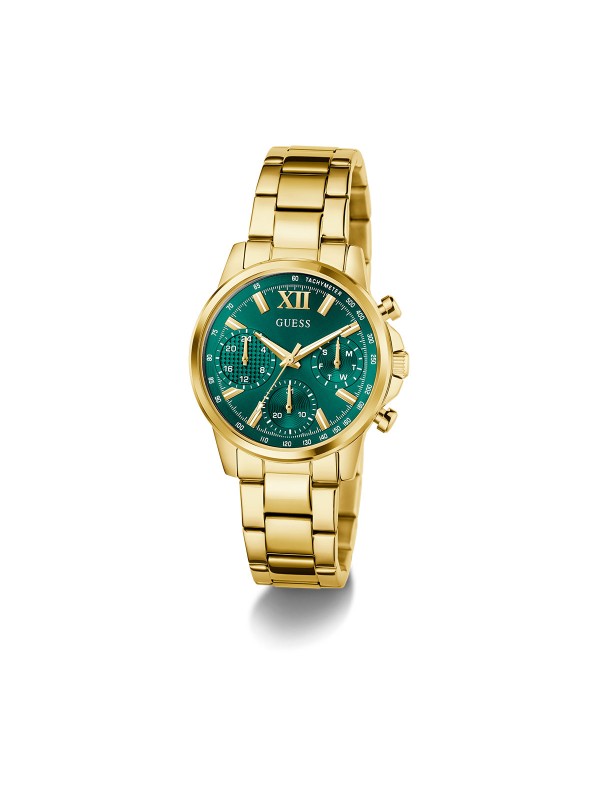 GUESS BAILEY ženski multi-function sat u boji žutog zlata sa zelenim sunray brojčanikom. Kućište 36 mm, elegantna narukvica sa tri linka, vodootpornost 30 m.