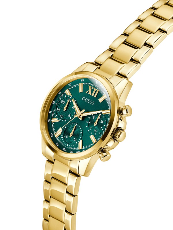 GUESS BAILEY ženski multi-function sat u boji žutog zlata sa zelenim sunray brojčanikom. Kućište 36 mm, elegantna narukvica sa tri linka, vodootpornost 30 m.