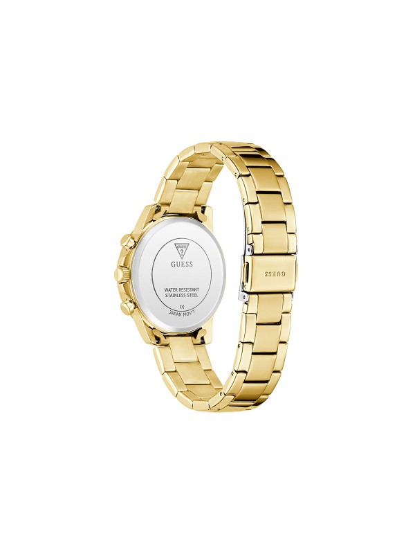 GUESS BAILEY ženski multi-function sat u boji žutog zlata sa zelenim sunray brojčanikom. Kućište 36 mm, elegantna narukvica sa tri linka, vodootpornost 30 m.