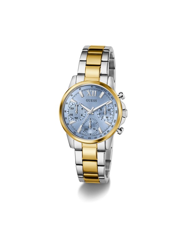 GUESS BAILEY ženski multi-function sat u kombinaciji srebra i žutog zlata sa svetloplavim sunray brojčanikom. Kućište 36 mm, elegantna narukvica sa tri linka, vodootpornost 30 m.