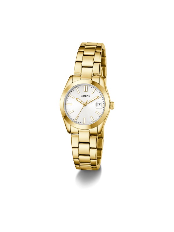 GUESS ALICE ženski sat u boji žutog zlata sa belim sunray brojčanikom i ispupčenim displejem za datum. Kućište 32 mm, elegantna narukvica u boji žutog zlata, vodootpornost 30 m.