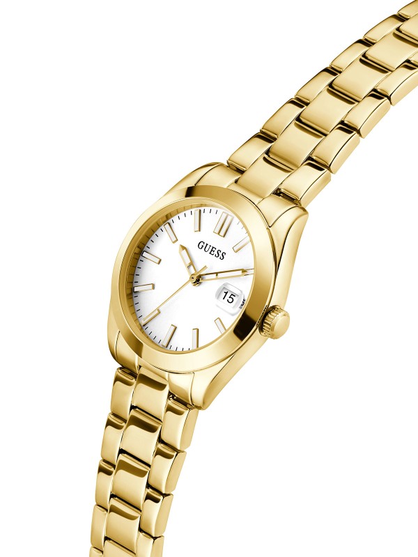 GUESS ALICE ženski sat u boji žutog zlata sa belim sunray brojčanikom i ispupčenim displejem za datum. Kućište 32 mm, elegantna narukvica u boji žutog zlata, vodootpornost 30 m.