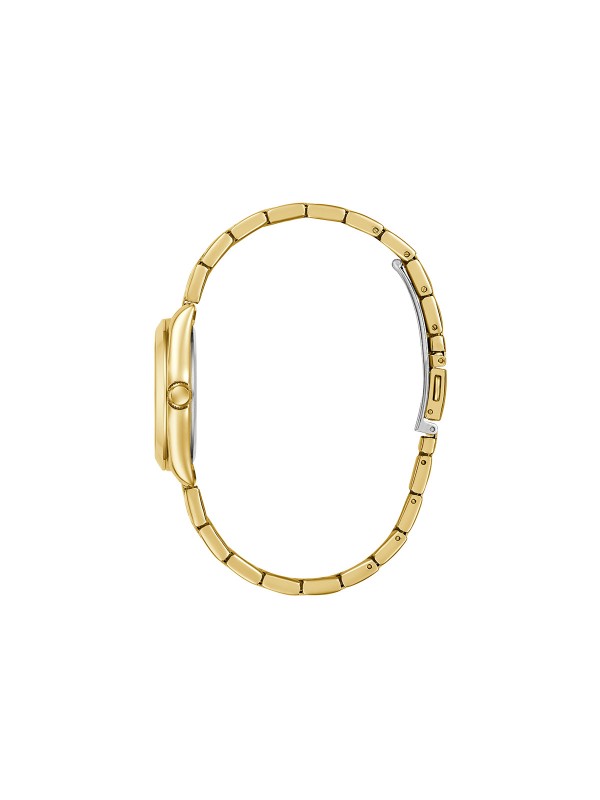 GUESS ALICE ženski sat u boji žutog zlata sa belim sunray brojčanikom i ispupčenim displejem za datum. Kućište 32 mm, elegantna narukvica u boji žutog zlata, vodootpornost 30 m.