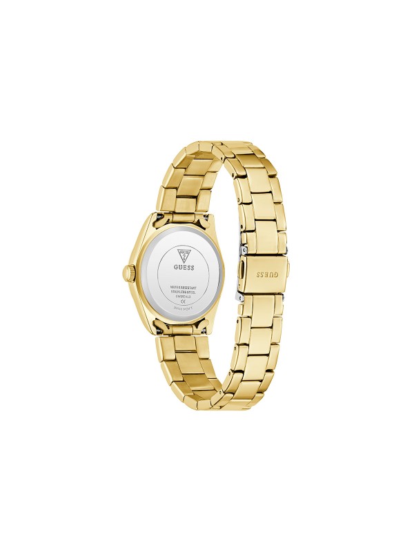 GUESS ALICE ženski sat u boji žutog zlata sa belim sunray brojčanikom i ispupčenim displejem za datum. Kućište 32 mm, elegantna narukvica u boji žutog zlata, vodootpornost 30 m.