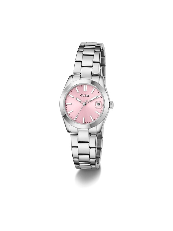 GUESS ALICE ženski sat u boji srebra sa roze sunray brojčanikom i ispupčenim displejem za datum. Jednostavan i elegantan dizajn, kućište 32 mm, vodootpornost 30 m.