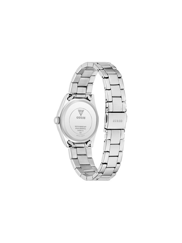 GUESS ALICE ženski sat u boji srebra sa roze sunray brojčanikom i ispupčenim displejem za datum. Jednostavan i elegantan dizajn, kućište 32 mm, vodootpornost 30 m.