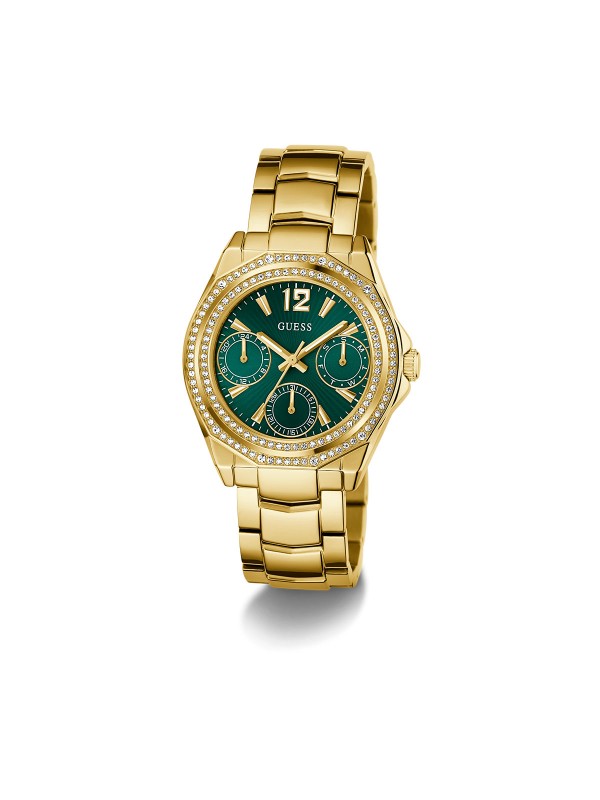 GUESS RITZY ženski multi-function sat u boji žutog zlata sa zelenim sunray brojčanikom i dvorednim cirkonima na koroni. Prečnik 36 mm, vodootpornost 50 m.