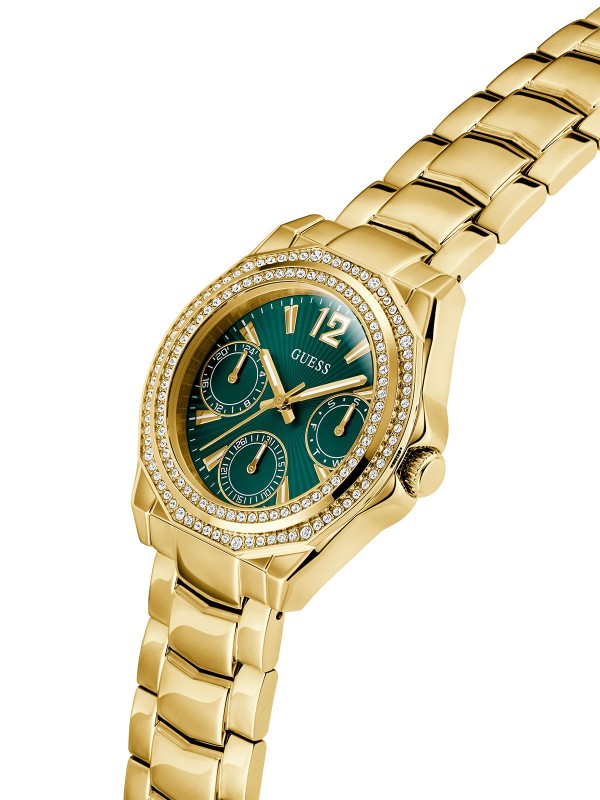 GUESS RITZY ženski multi-function sat u boji žutog zlata sa zelenim sunray brojčanikom i dvorednim cirkonima na koroni. Prečnik 36 mm, vodootpornost 50 m.