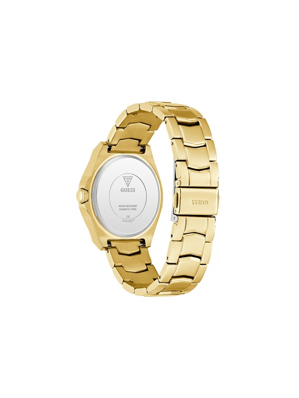 GUESS RITZY ženski multi-function sat u boji žutog zlata sa zelenim sunray brojčanikom i dvorednim cirkonima na koroni. Prečnik 36 mm, vodootpornost 50 m.
