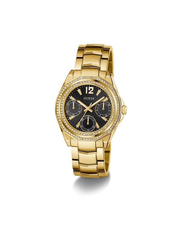 GUESS RITZY ženski multi-function sat u boji žutog zlata sa crnim sunray brojčanikom i dvorednim cirkonima na koroni. Prečnik 36 mm, vodootpornost 50 m.