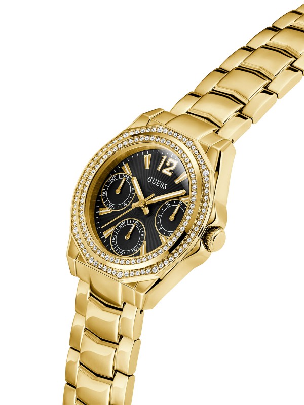 GUESS RITZY ženski multi-function sat u boji žutog zlata sa crnim sunray brojčanikom i dvorednim cirkonima na koroni. Prečnik 36 mm, vodootpornost 50 m.