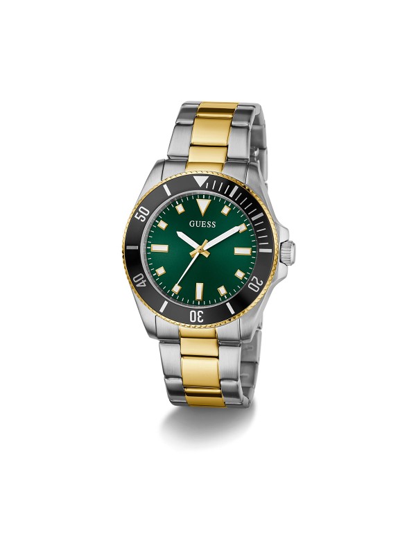 GUESS CLIFF muški sportski sat u kombinaciji srebrne i žutog zlata sa zelenim sunray brojčanikom i crnom aluminijumskom koronom. Kućište 41 mm, vodootpornost 50 m.