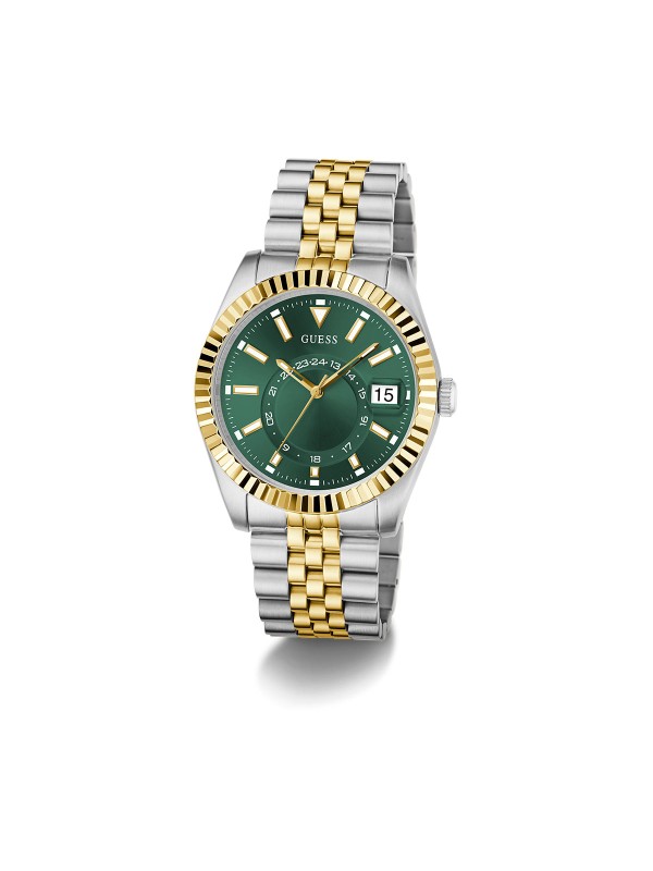 GUESS JADEN muški sat u boji srebra i žutog zlata sa zelenim sunray brojčanikom, multi-function prikazom i datumom. Jubilee narukvica, prečnik kućišta 42 mm.
