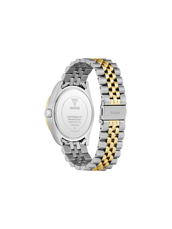 GUESS JADEN muški sat u boji srebra i žutog zlata sa zelenim sunray brojčanikom, multi-function prikazom i datumom. Jubilee narukvica, prečnik kućišta 42 mm.