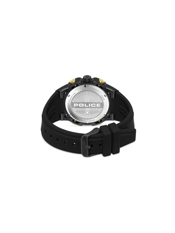 POLICE CHALLENGER multifunkcionalni muški sat u crnoj boji sa zlatnim detaljima i crnim silikonskim kaišem. Kućište 46 mm sa IP crnom prevlakom, crni brojčanik sa sivim elementima, prikazi dana i datuma. Vodootpornost 50 m.